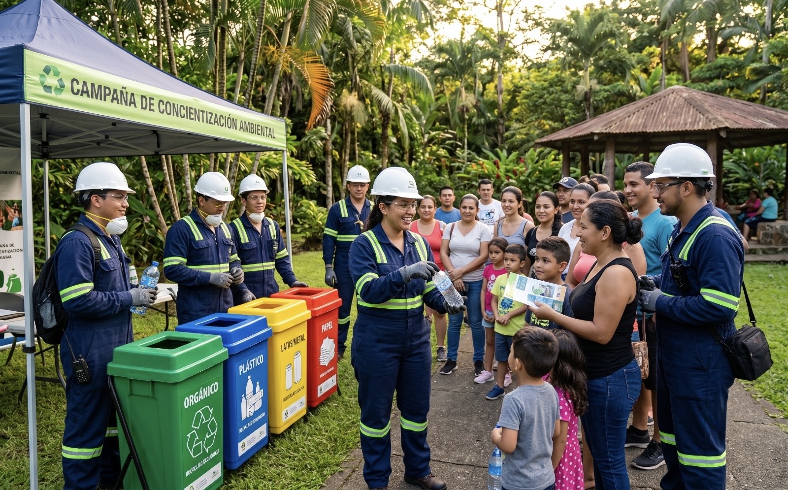 Campaña de concientización ambiental de EAT Reciclar con puntos ecológicos de colores y comunidad participando